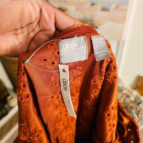 Asos Burnt Orange Velour Embroidered See Through Detail Trim Peasant Style Long - Picture 7 of 13